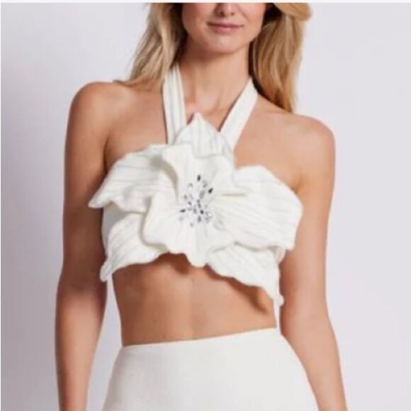 PatBO Flower Applique Halter Top Ivory White Floral 3D blouse crop Revolve NWT 6 - Picture 2 of 16
